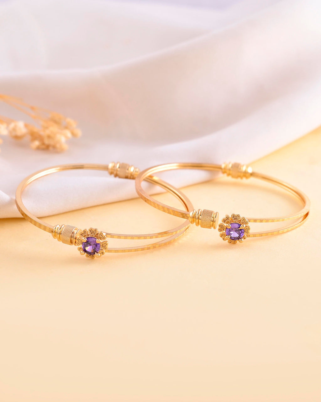 VOJ Set of 2 Gold-Polished Purple Stone Studded Bangles | Grocsy