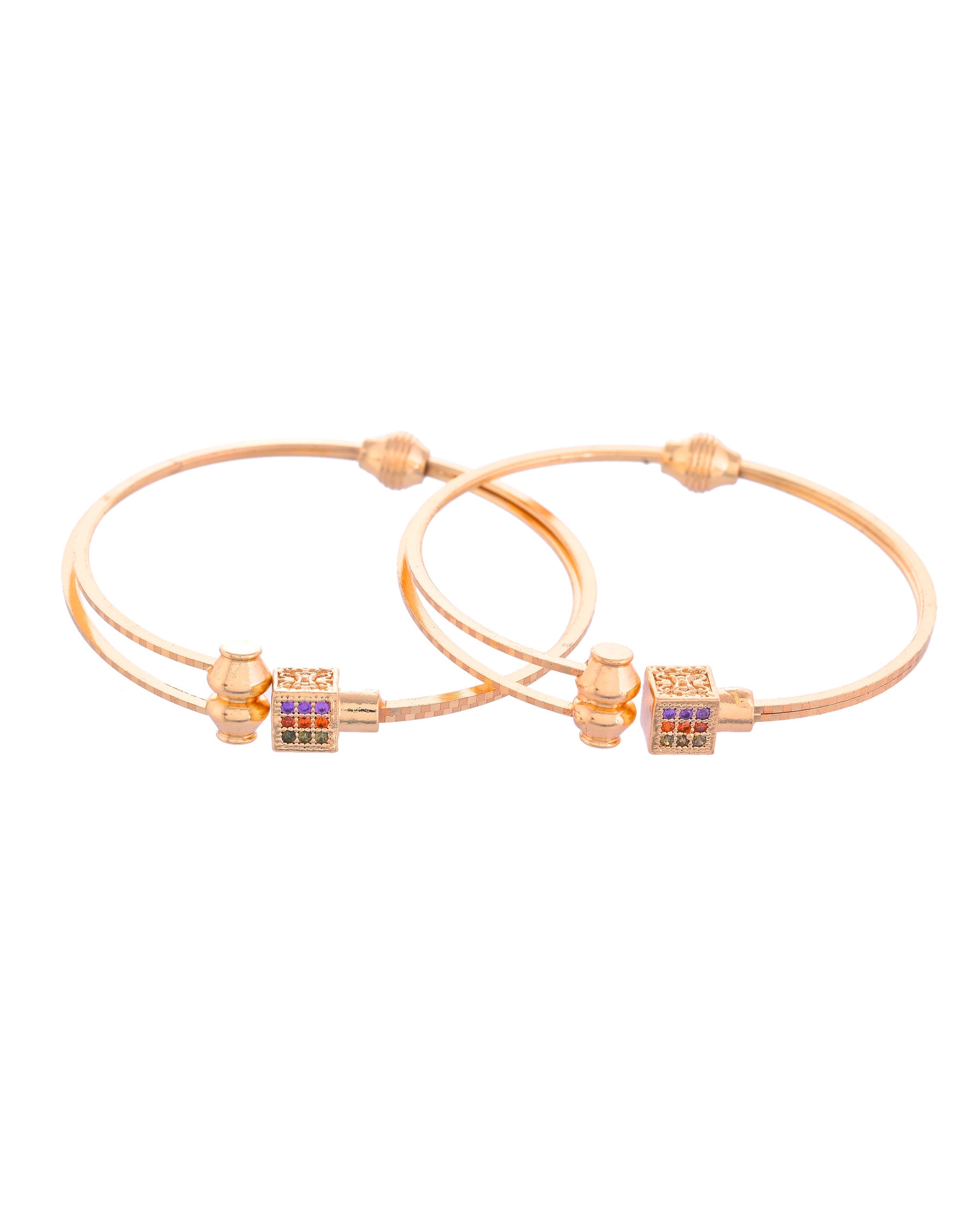 VOJ Set of 2 Gold-Polished Mutli Colour Stones Studded Square Shaped Bangles | Grocsy