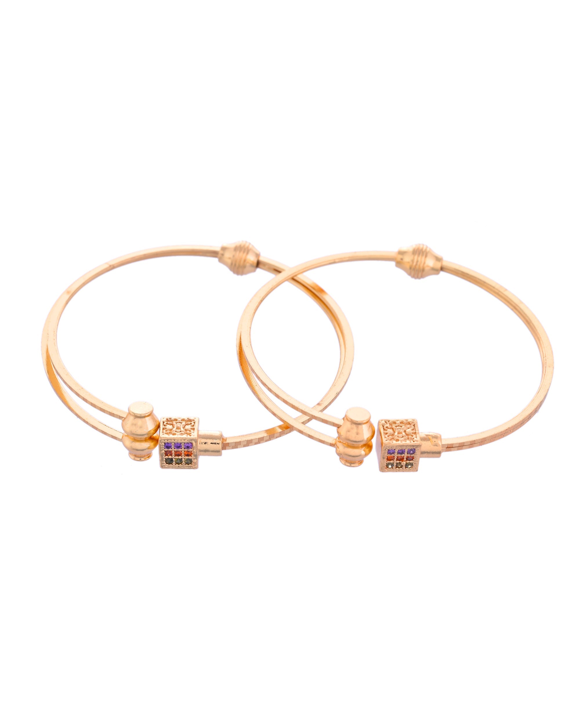 VOJ Set of 2 Gold-Polished Mutli Colour Stones Studded Square Shaped Bangles | Grocsy