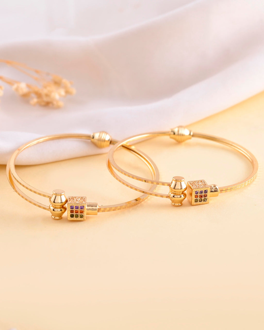 VOJ Set of 2 Gold-Polished Mutli Colour Stones Studded Square Shaped Bangles | Grocsy