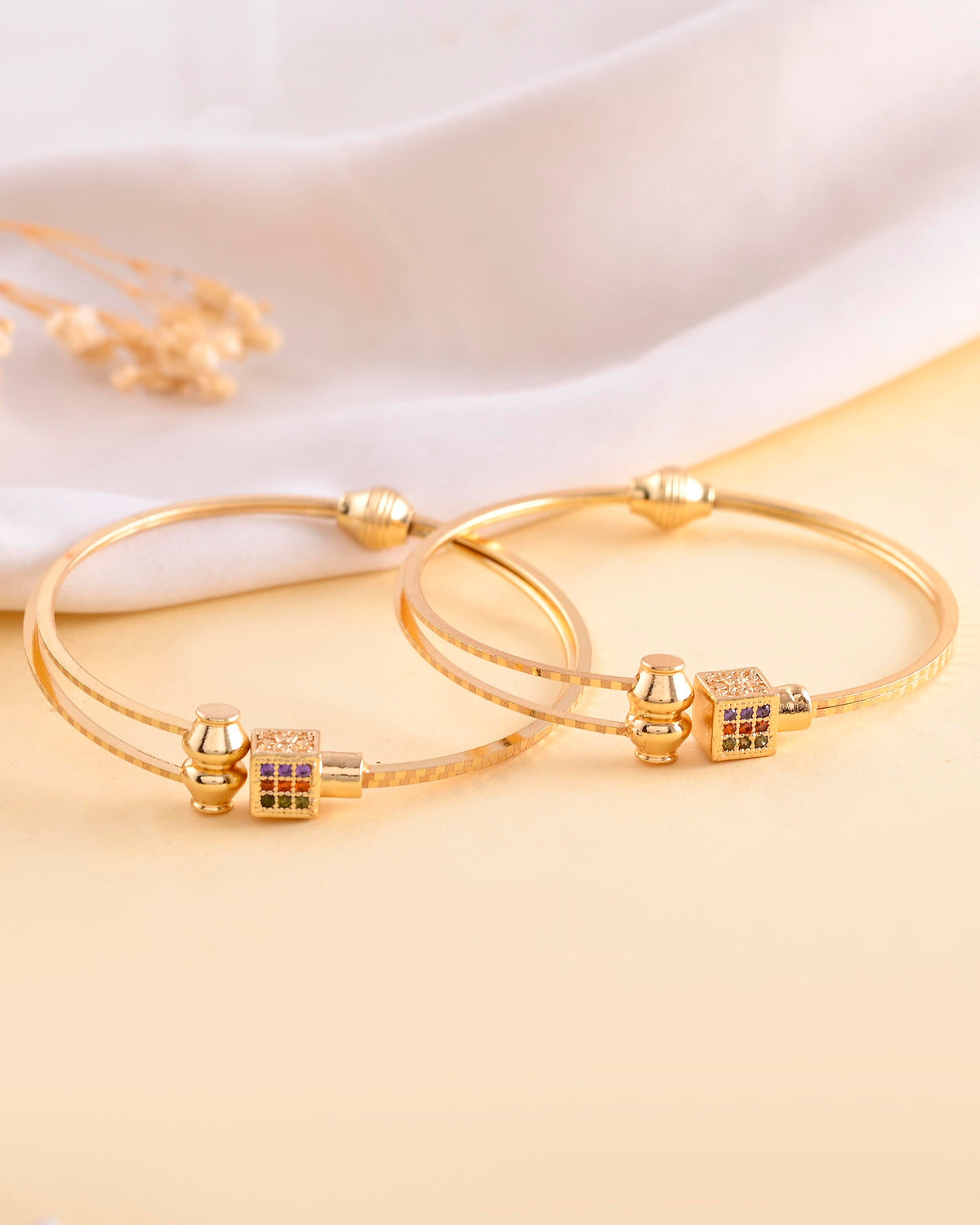VOJ Set of 2 Gold-Polished Mutli Colour Stones Studded Square Shaped Bangles | Grocsy