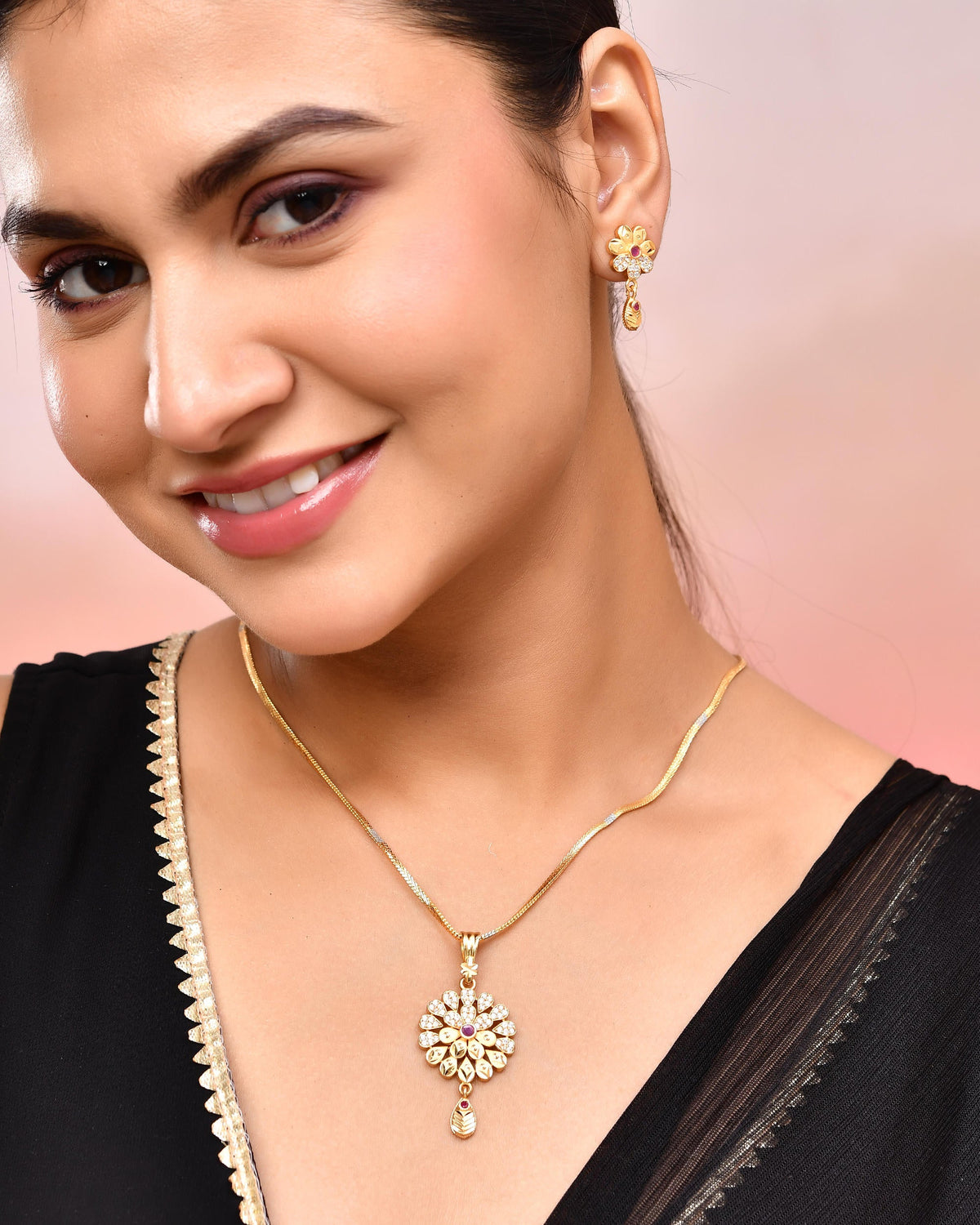 VOJ Gold-Polished Floral Shaped AD Stone Studded Chain Set