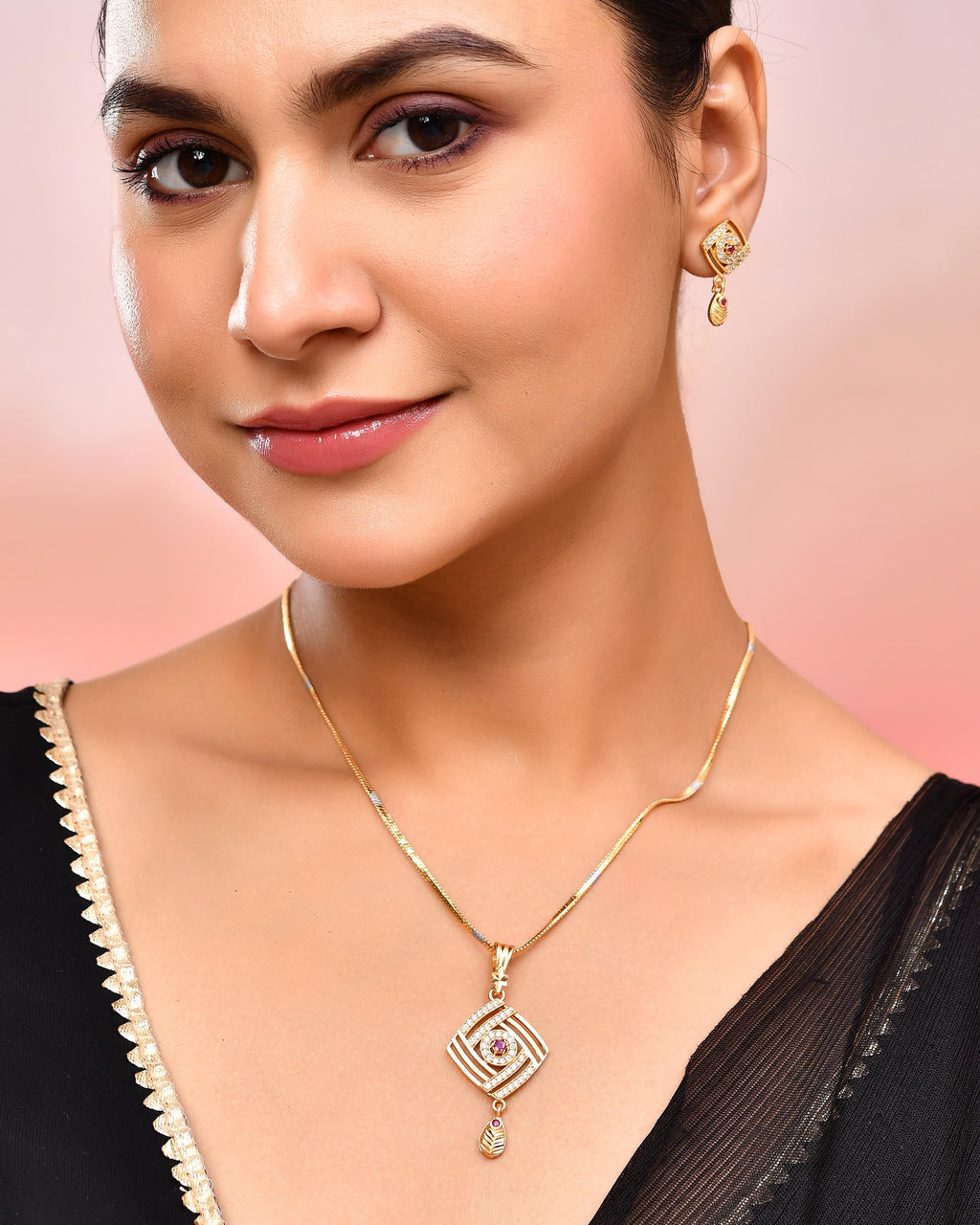 VOJ Gold-Polished Square Shaped AD Stone Studded Chain Set