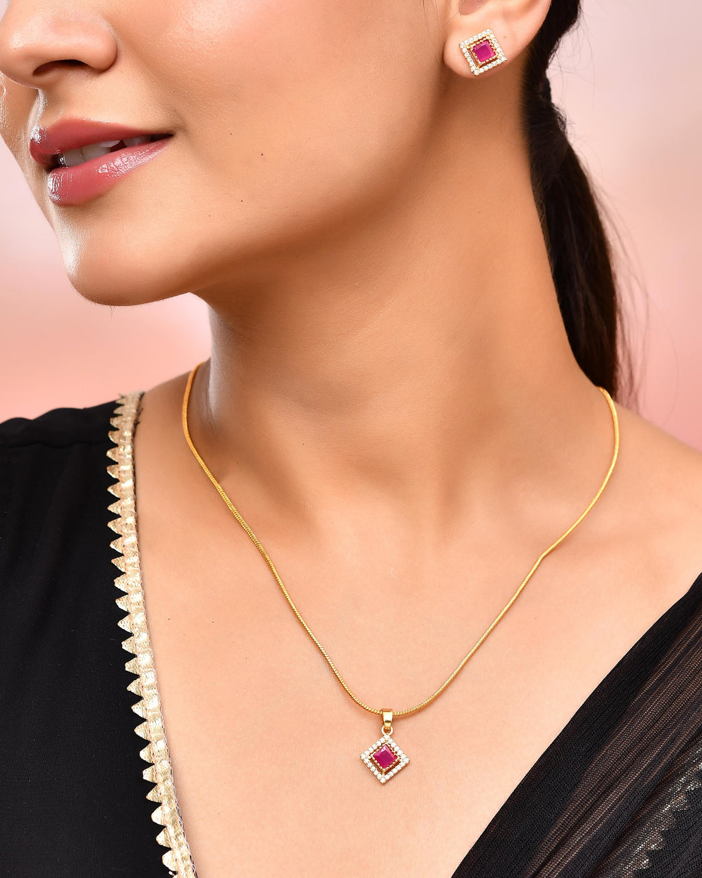 VOJ Gold-Polished Square Shaped Ruby Red Stone Studded Chain Set | Grocsy