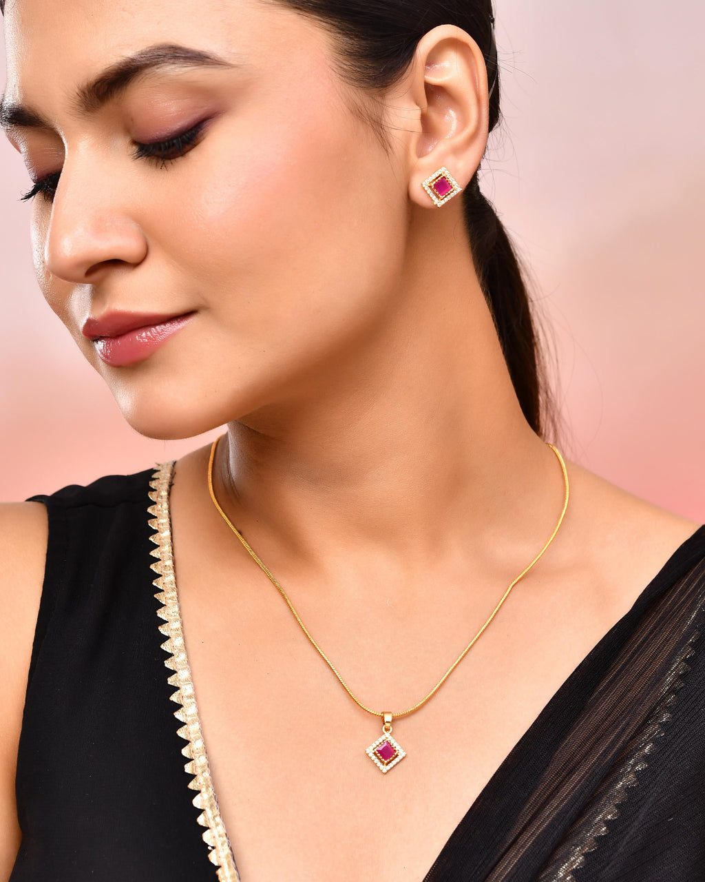 VOJ Gold-Polished Square Shaped Ruby Red Stone Studded Chain Set | Grocsy