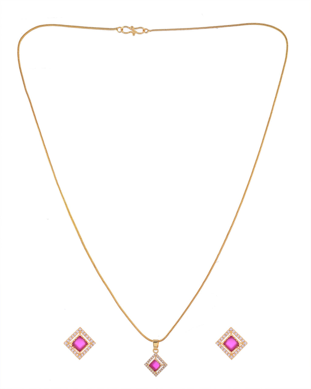 VOJ Gold-Polished Square Shaped Ruby Red Stone Studded Chain Set | Grocsy