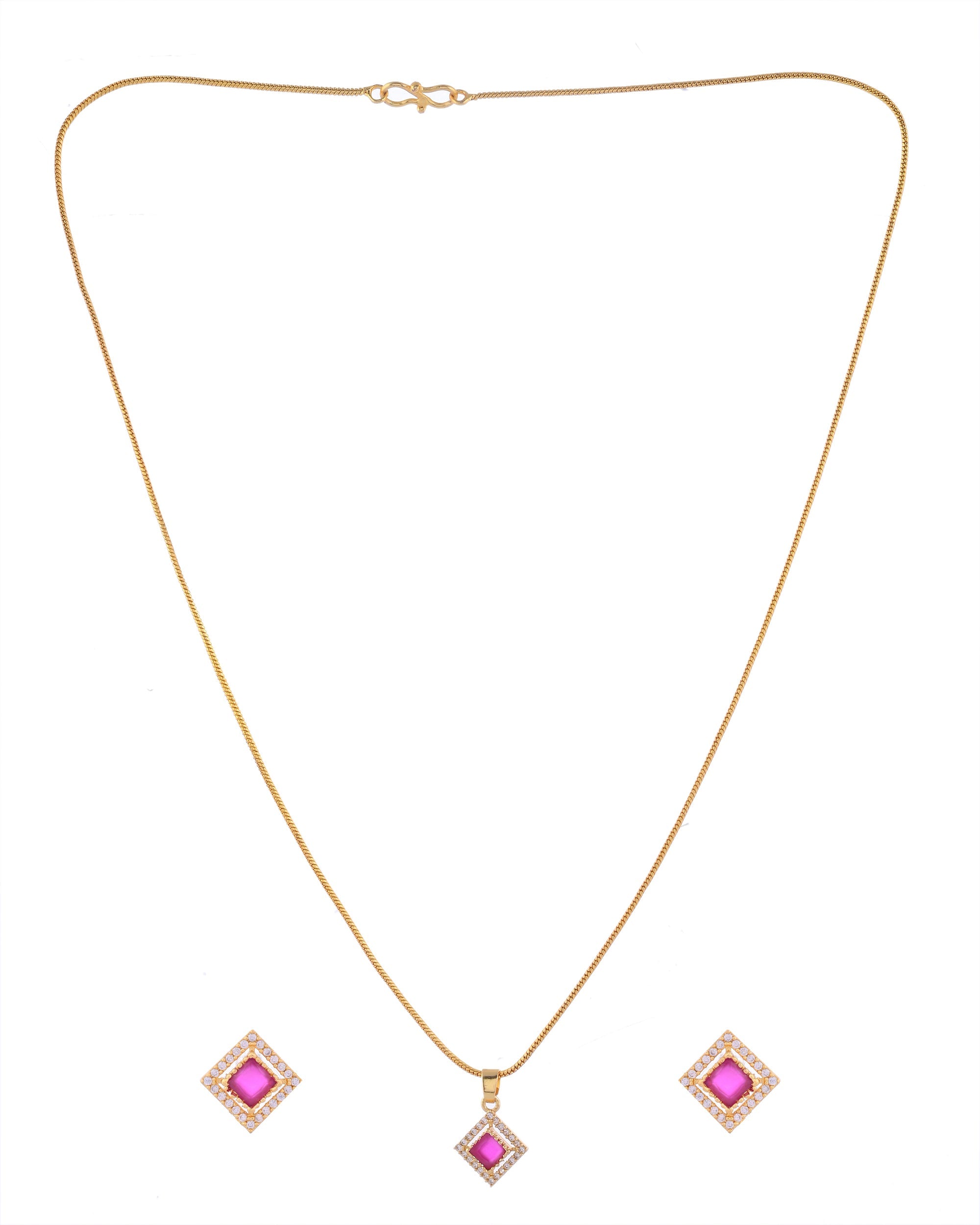 VOJ Gold-Polished Square Shaped Ruby Red Stone Studded Chain Set | Grocsy