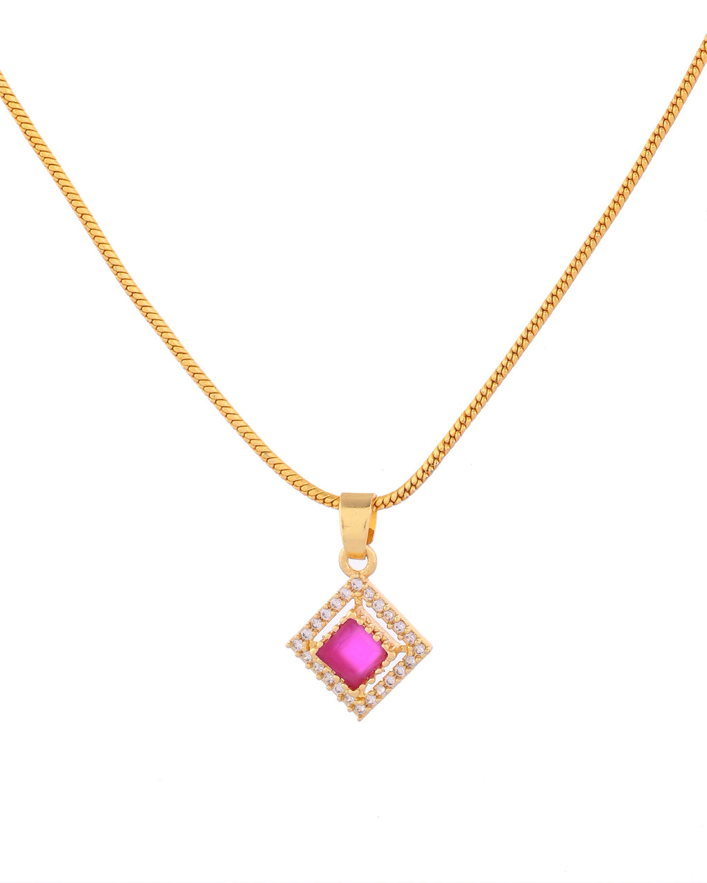 VOJ Gold-Polished Square Shaped Ruby Red Stone Studded Chain Set | Grocsy