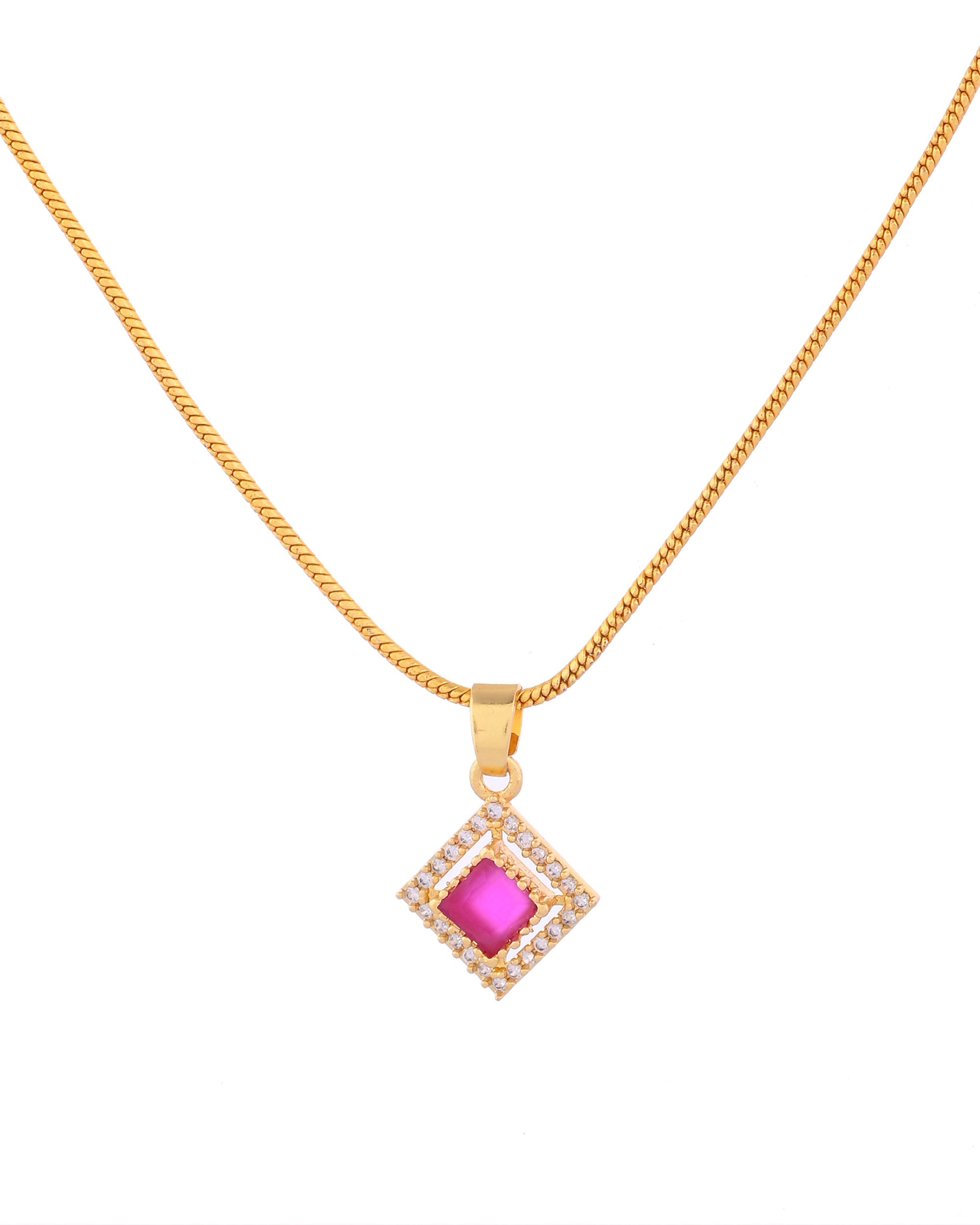 VOJ Gold-Polished Square Shaped Ruby Red Stone Studded Chain Set | Grocsy