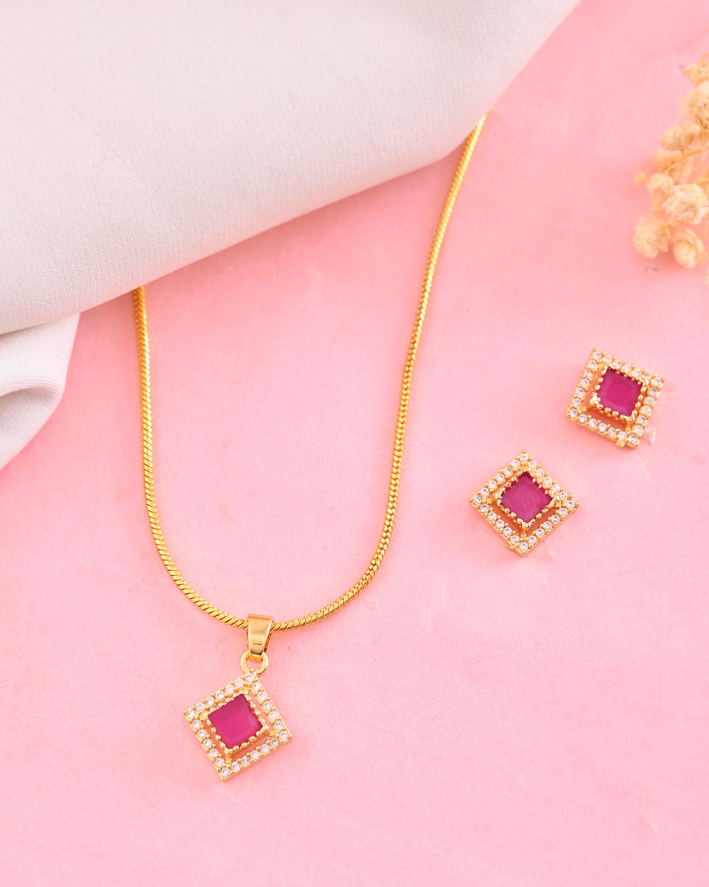 VOJ Gold-Polished Square Shaped Ruby Red Stone Studded Chain Set | Grocsy
