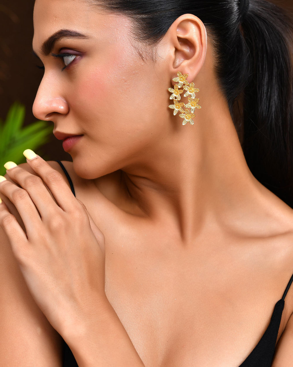 VOJ Gold Polished Floral Designer Earrings