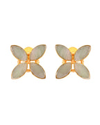 VOJ Gold Polished Teal Stone Studded Floral Stud Earrings