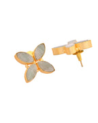 VOJ Gold Polished Teal Stone Studded Floral Stud Earrings