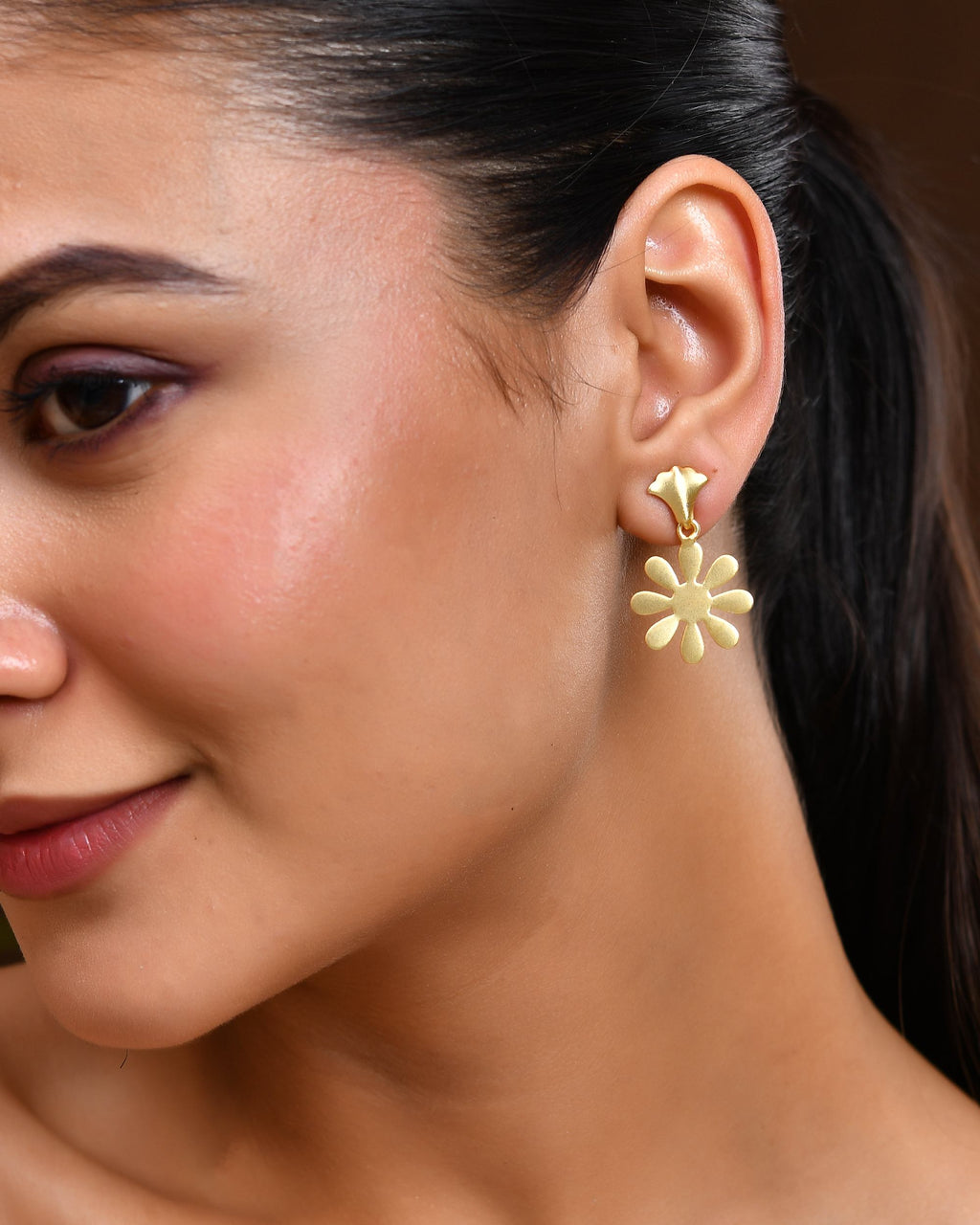 VOJ Gold Polished Anti Tarnish Flower Shaped Drop Earrings | Grocsy