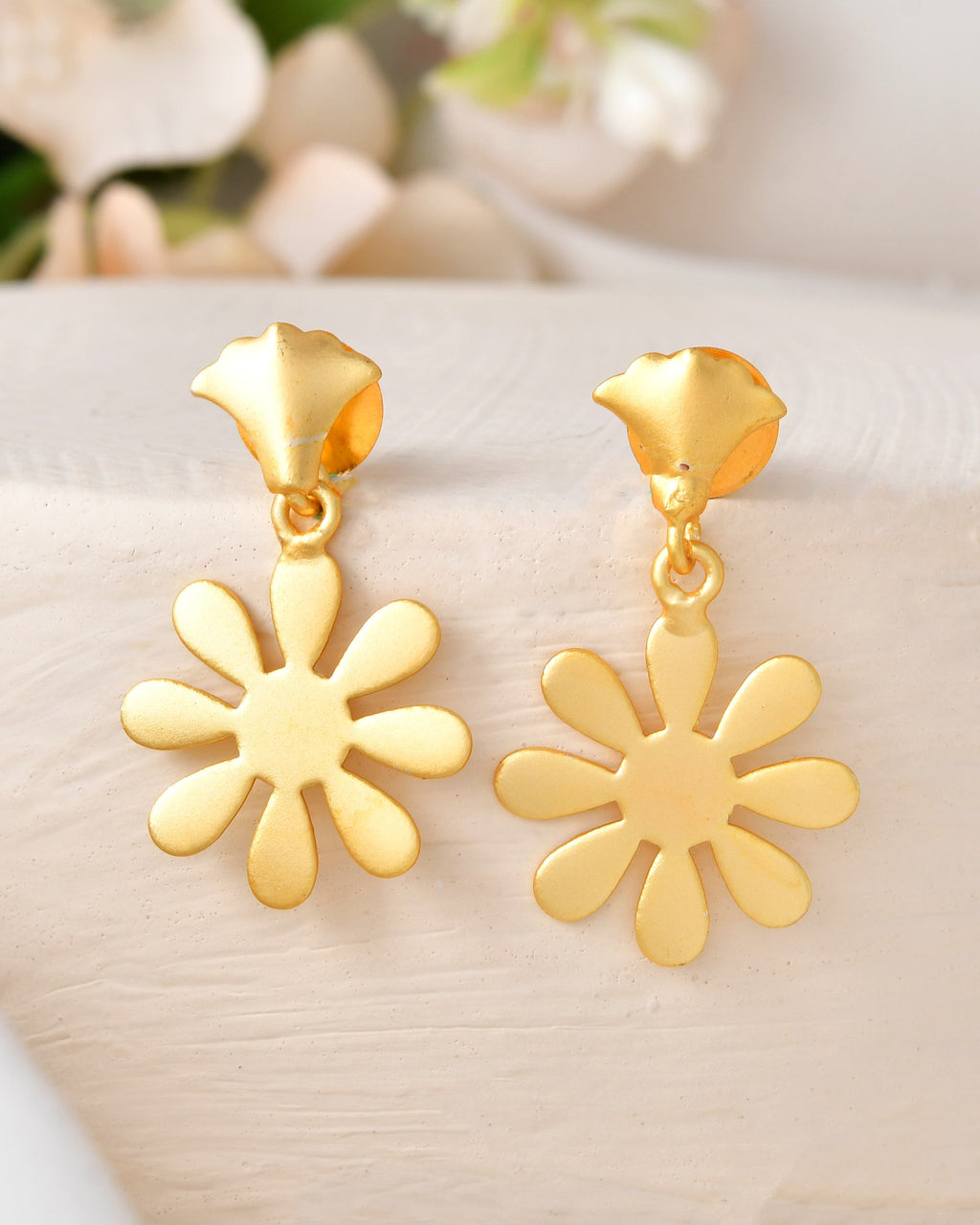 VOJ Gold Polished Anti Tarnish Flower Shaped Drop Earrings | Grocsy