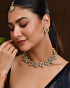 VOJ Copper Plated Stone Studded Circular Shaped Jewellery Set With Maang Tikka | Grocsy