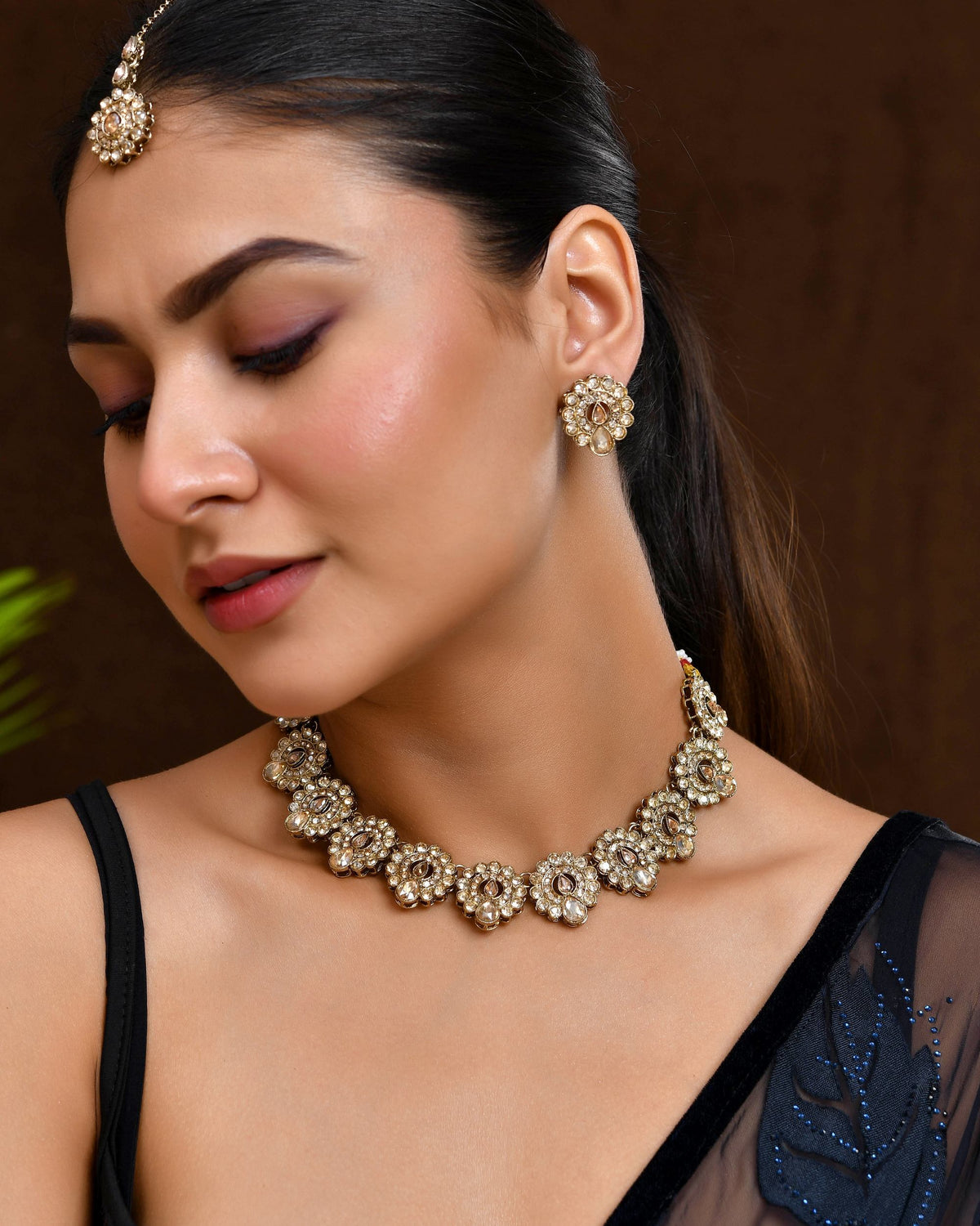 VOJ Copper Plated Stone Studded Circular Shaped Jewellery Set With Maang Tikka | Grocsy