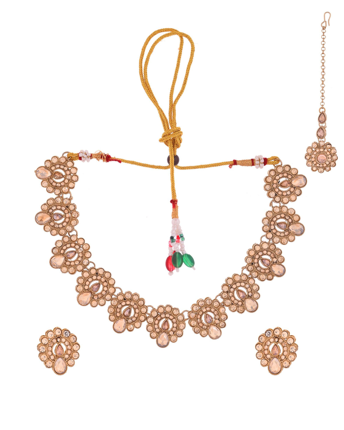 VOJ Copper Plated Stone Studded Circular Shaped Jewellery Set With Maang Tikka | Grocsy