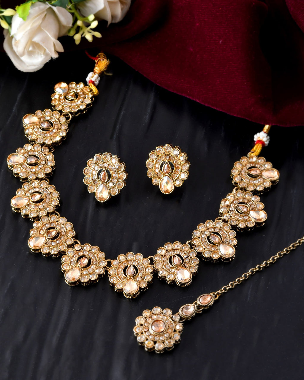 VOJ Copper Plated Stone Studded Circular Shaped Jewellery Set With Maang Tikka | Grocsy
