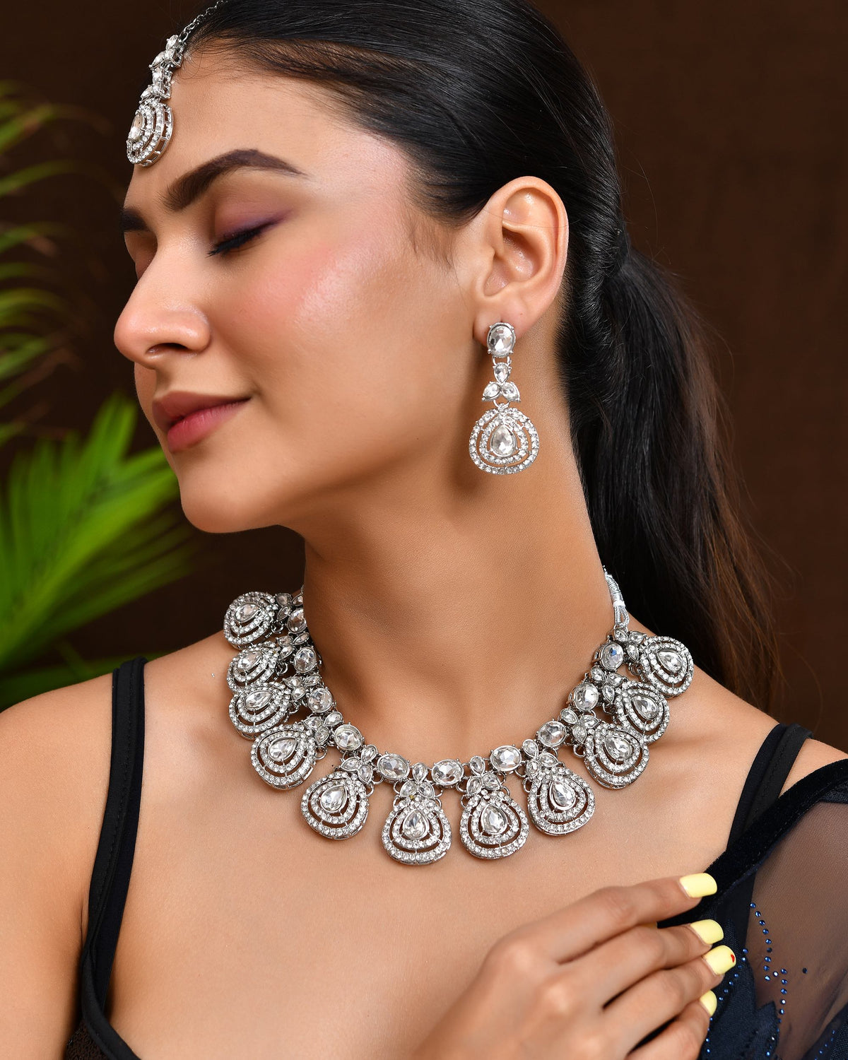 VOJ Silver-Plated CZ Studded Jewellery Set With Maang Tikka | Grocsy