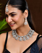 VOJ Silver-Plated CZ Studded Jewellery Set With Maang Tikka | Grocsy