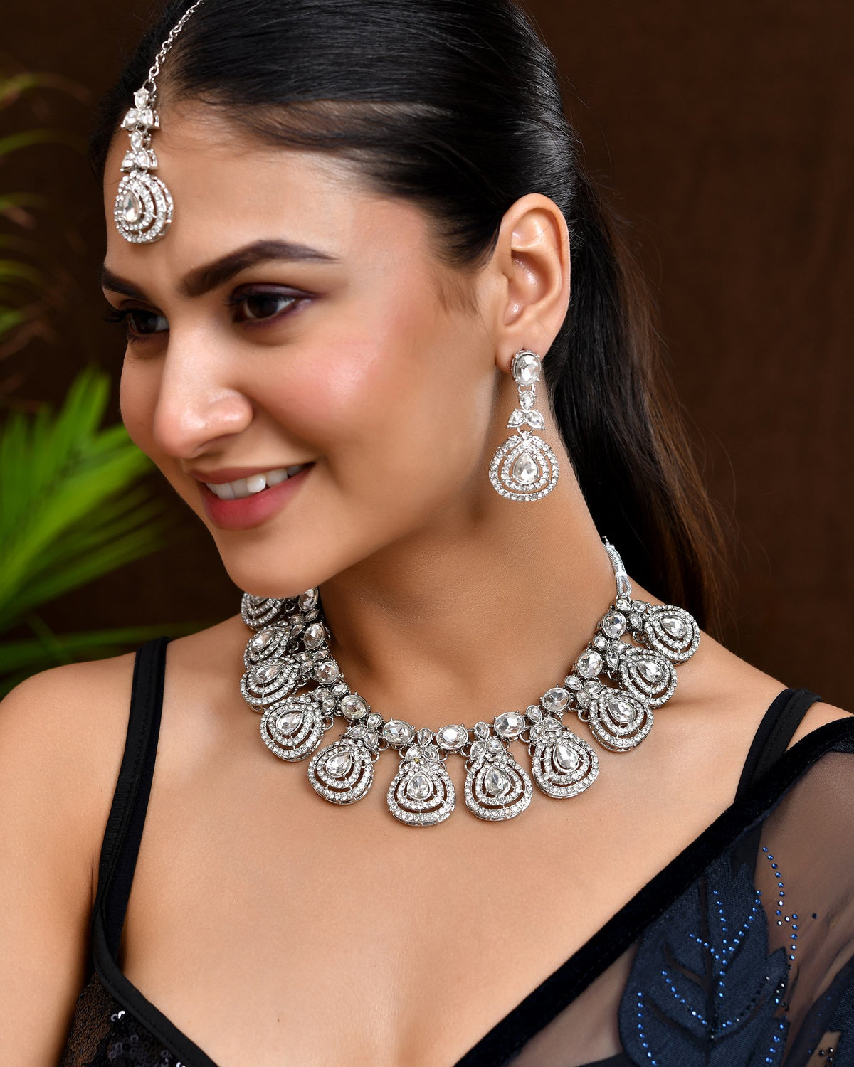 VOJ Silver-Plated CZ Studded Jewellery Set With Maang Tikka | Grocsy