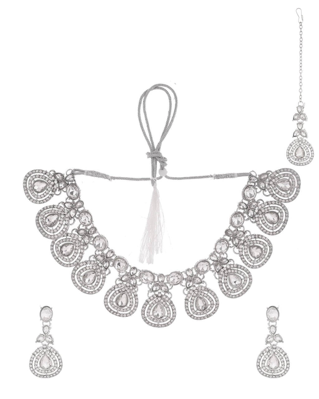 VOJ Silver-Plated CZ Studded Jewellery Set With Maang Tikka | Grocsy