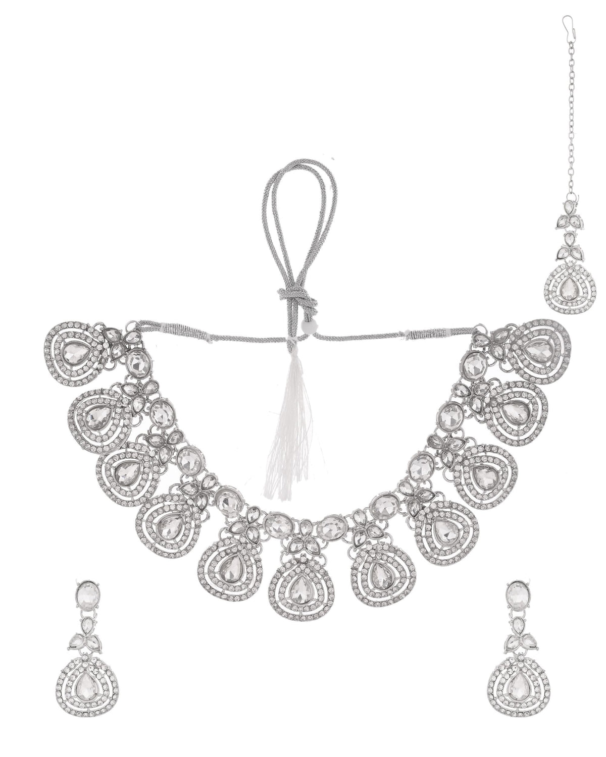 VOJ Silver-Plated CZ Studded Jewellery Set With Maang Tikka | Grocsy