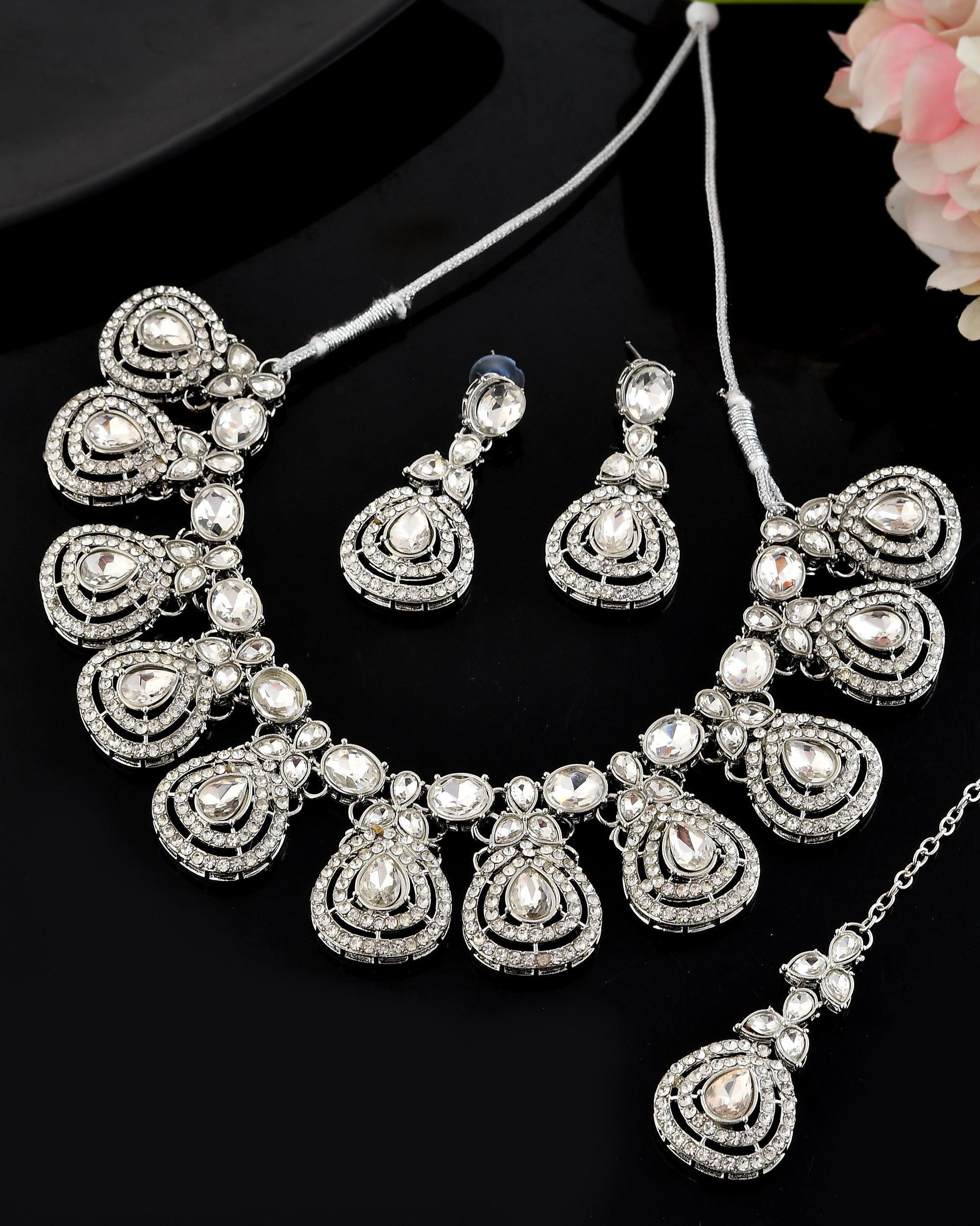 VOJ Silver-Plated CZ Studded Jewellery Set With Maang Tikka | Grocsy