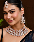 VOJ Rose Gold-Polished CZ Studded Jewellery Set With Maang Tikka | Grocsy