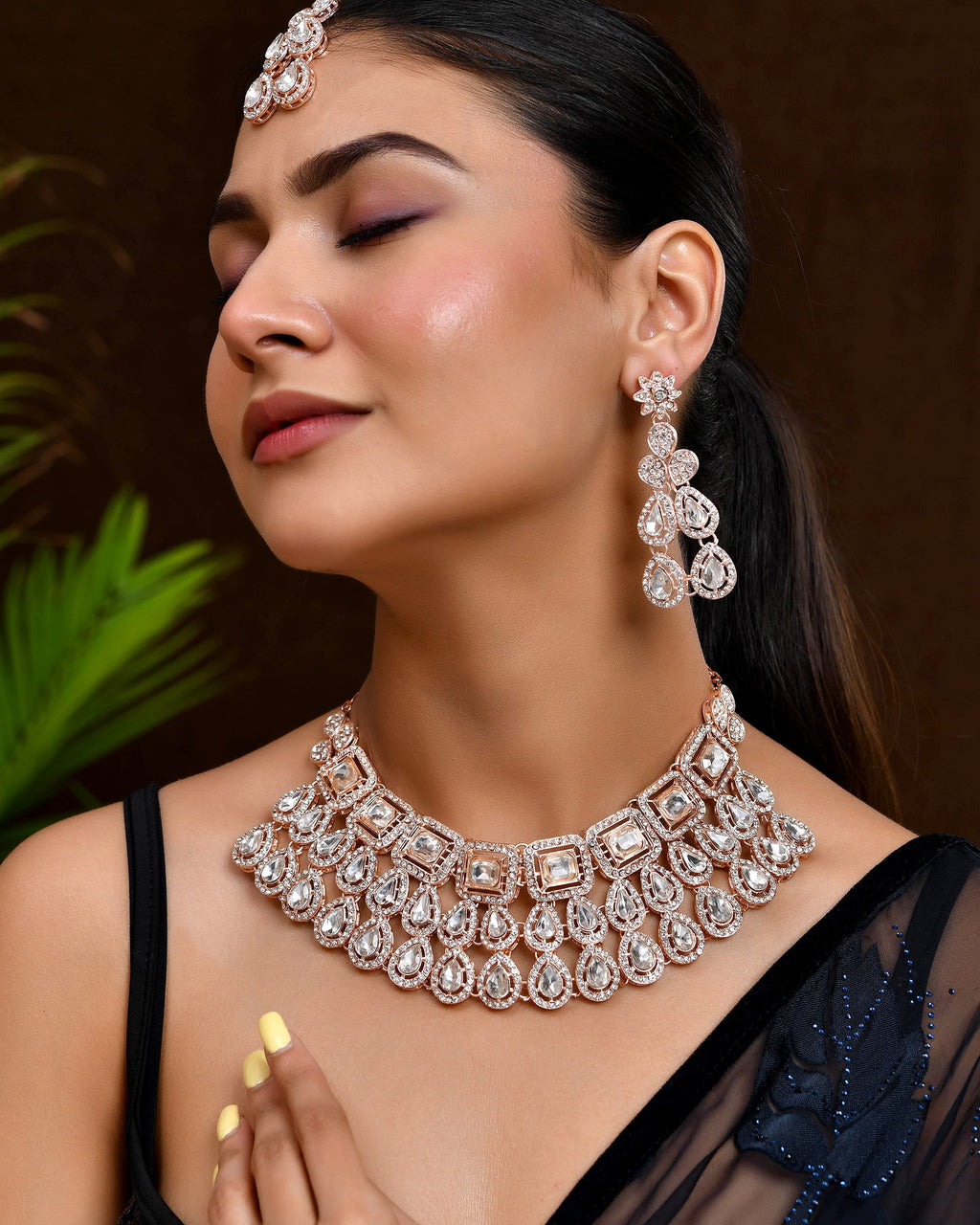 VOJ Rose Gold-Polished CZ Studded Jewellery Set With Maang Tikka | Grocsy