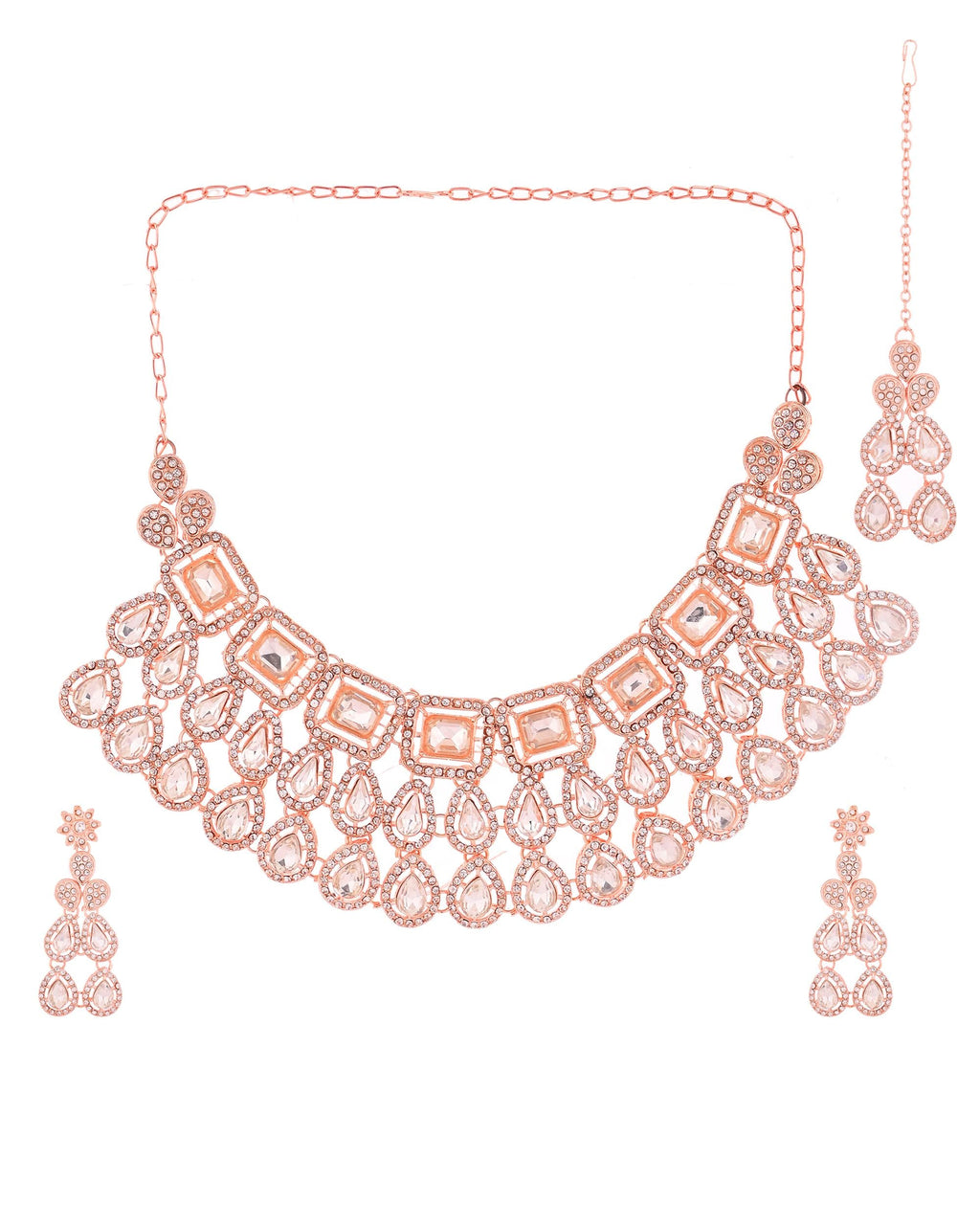 VOJ Rose Gold-Polished CZ Studded Jewellery Set With Maang Tikka | Grocsy
