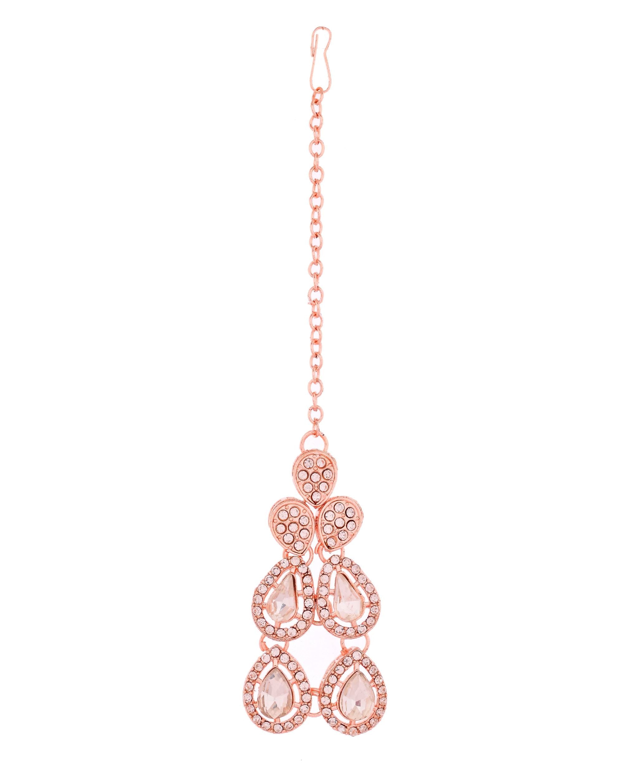 VOJ Rose Gold-Polished CZ Studded Jewellery Set With Maang Tikka | Grocsy