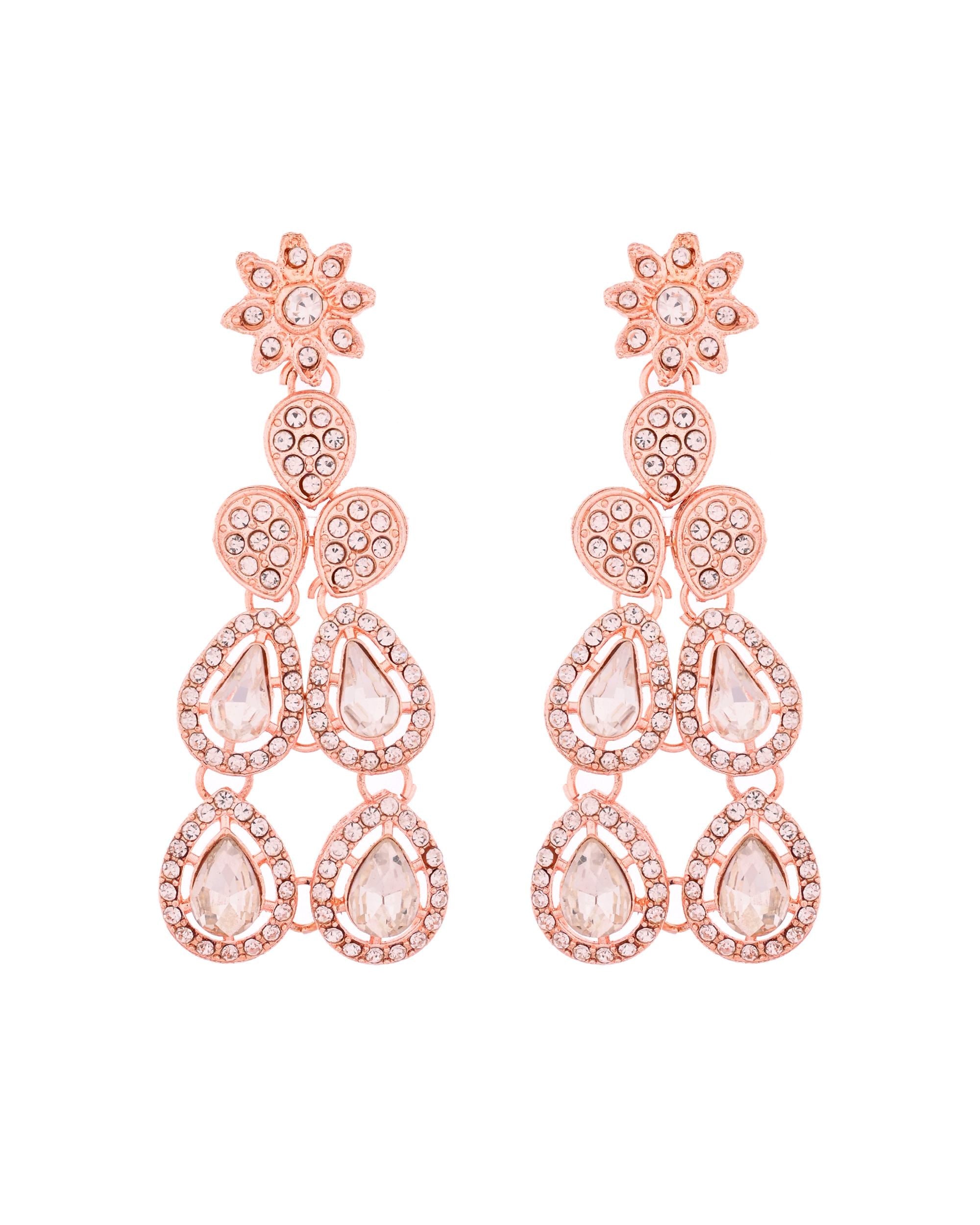 VOJ Rose Gold-Polished CZ Studded Jewellery Set With Maang Tikka | Grocsy
