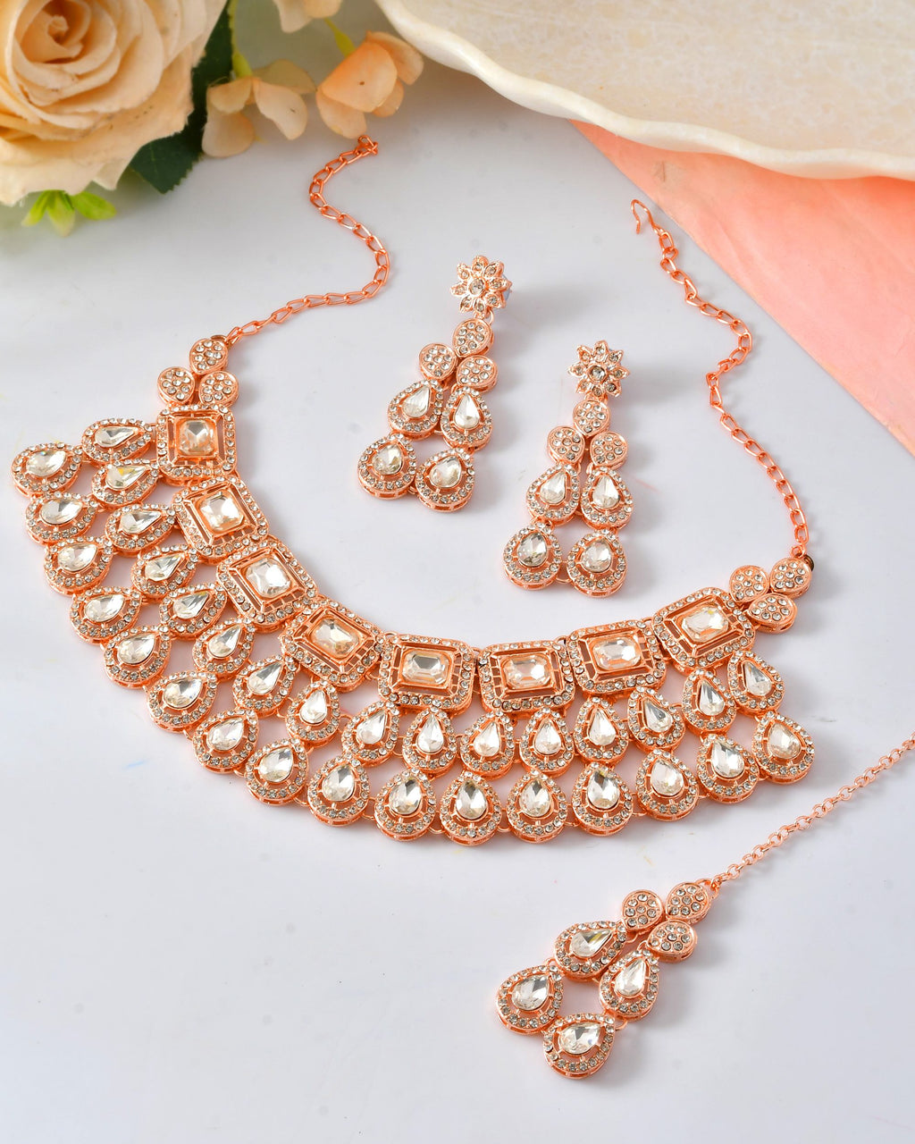 VOJ Rose Gold-Polished CZ Studded Jewellery Set With Maang Tikka | Grocsy
