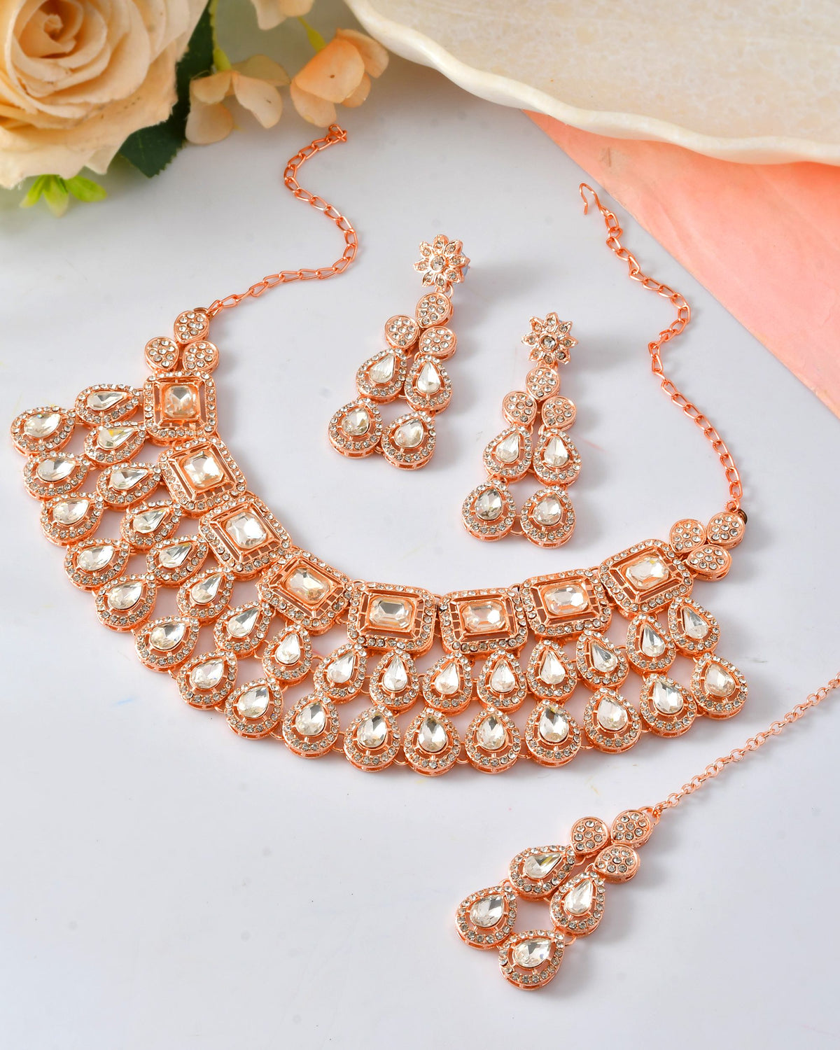 VOJ Rose Gold-Polished CZ Studded Jewellery Set With Maang Tikka | Grocsy