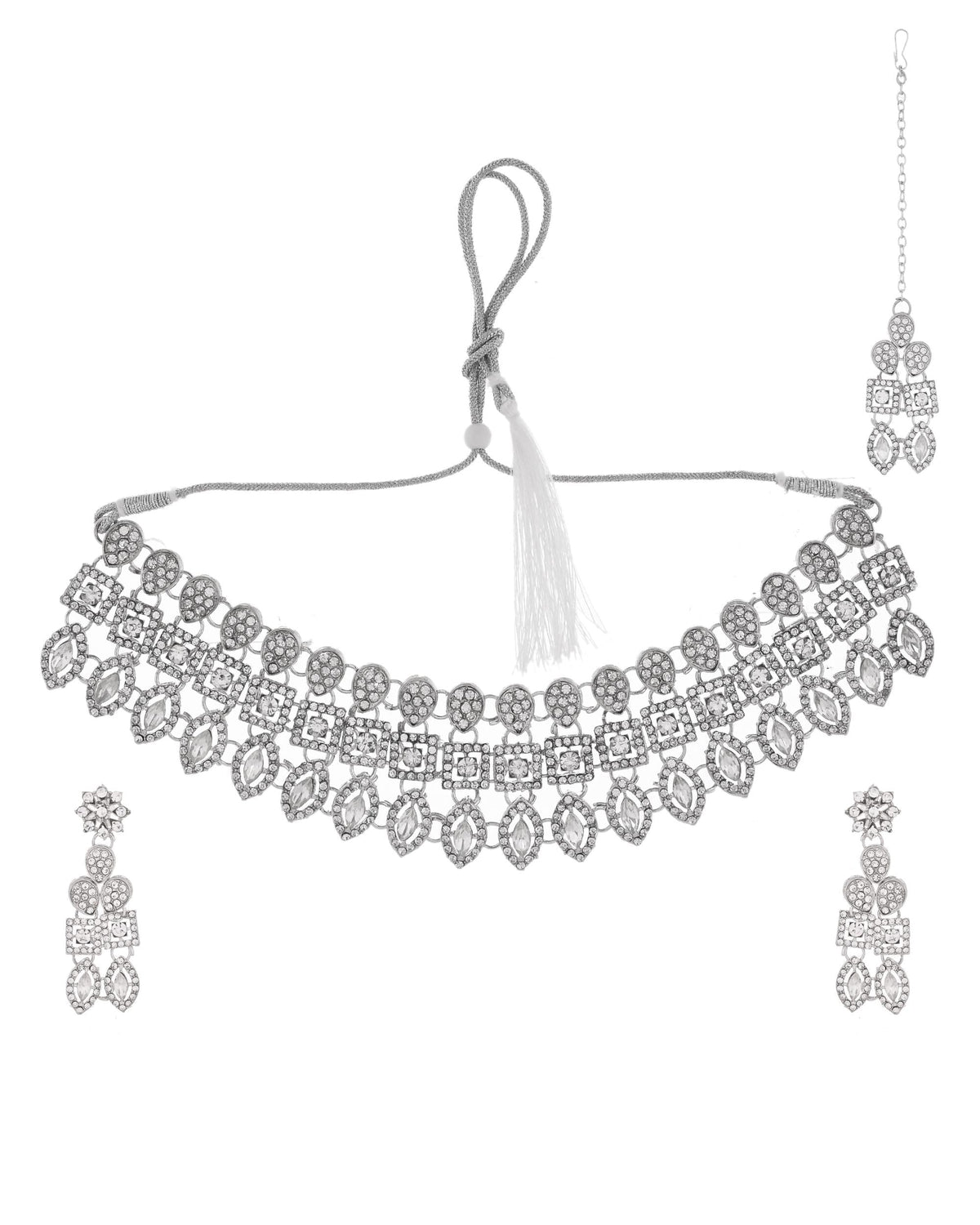 VOJ Silver-Plated AD Stone Studded Necklace With Earrings And Maang Tikka Set