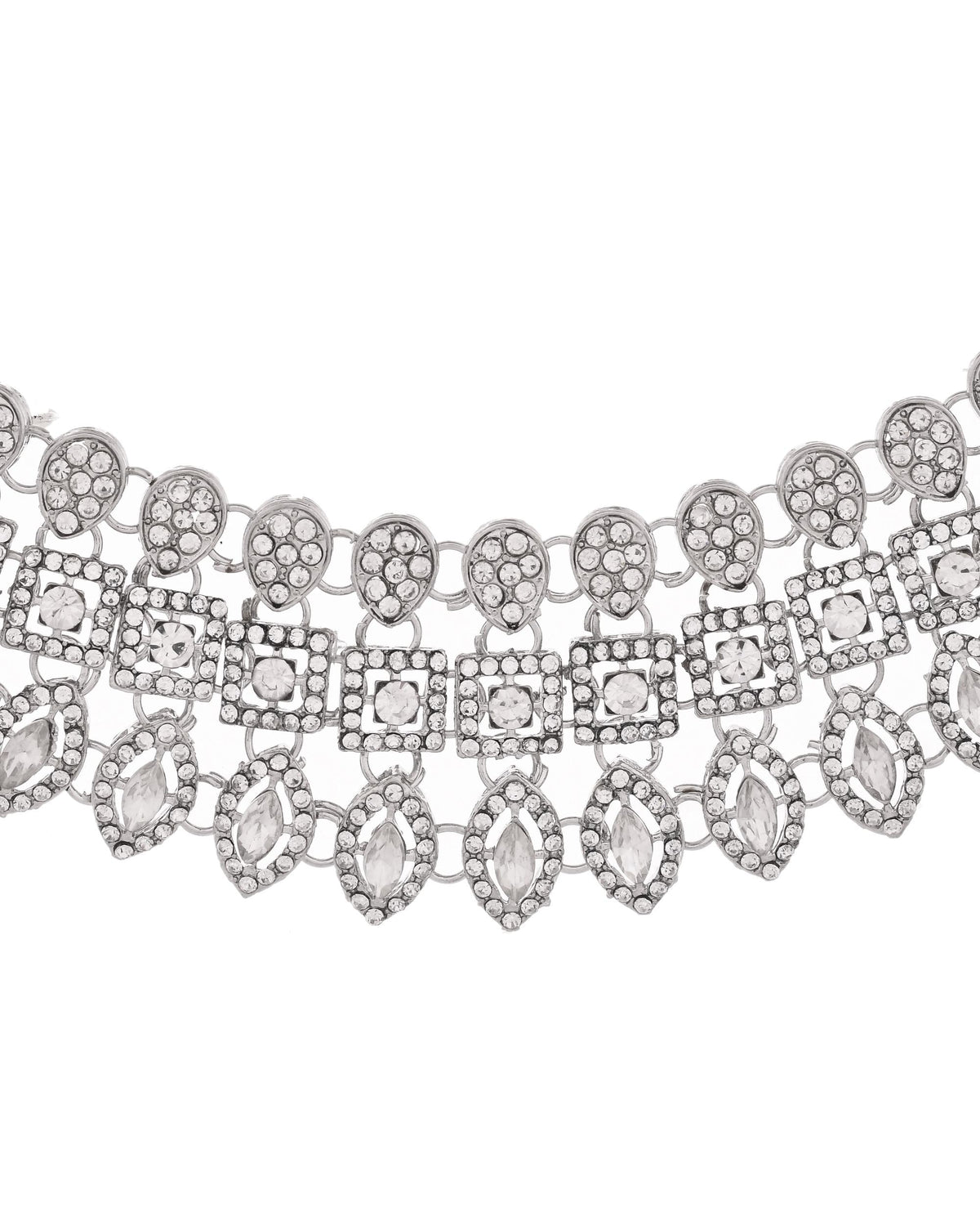 VOJ Silver-Plated AD Stone Studded Necklace With Earrings And Maang Tikka Set