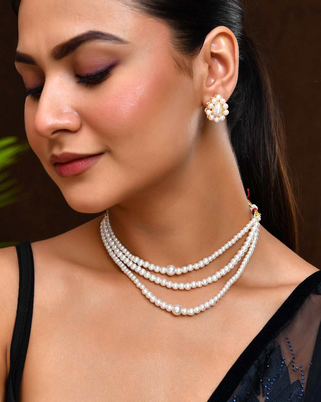 VOJ Gold Polished Artifical Pearl Mutli Layer Necklace And Earrings Set | Grocsy