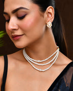 VOJ Gold Polished Artifical Pearl Mutli Layer Necklace And Earrings Set | Grocsy