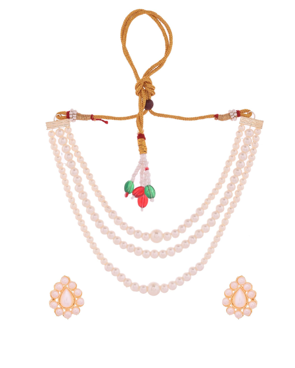 VOJ Gold Polished Artifical Pearl Mutli Layer Necklace And Earrings Set | Grocsy