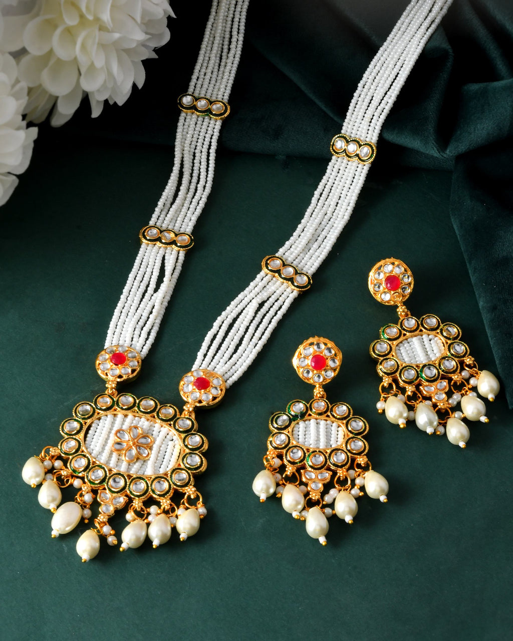 VOJ Gold Toned Artificial Beads Studded Long Necklace And Earrings Set
