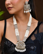 VOJ Copper-Toned Artificial Stone Studded Geometrical Long Necklace And Earrings Set