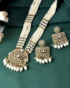 VOJ Copper-Toned Artificial Stone Studded Geometrical Long Necklace And Earrings Set