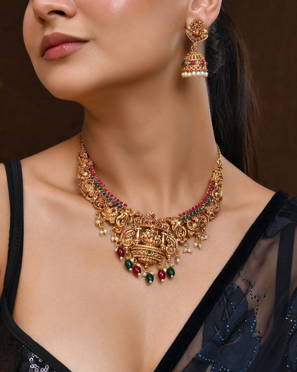VOJ Gold Polished Beaded Temple Jewellery Set | Grocsy