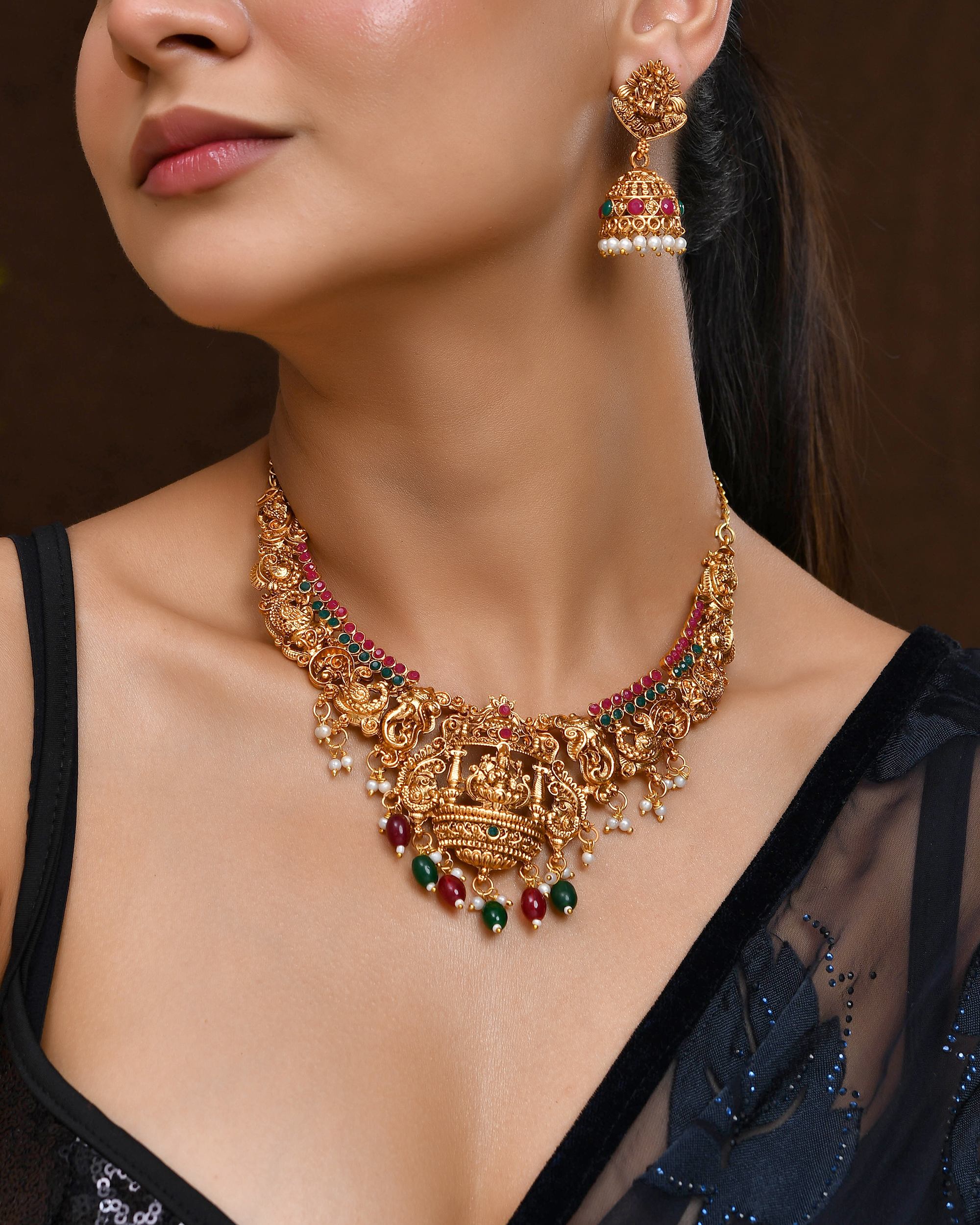 VOJ Gold Polished Beaded Temple Jewellery Set | Grocsy