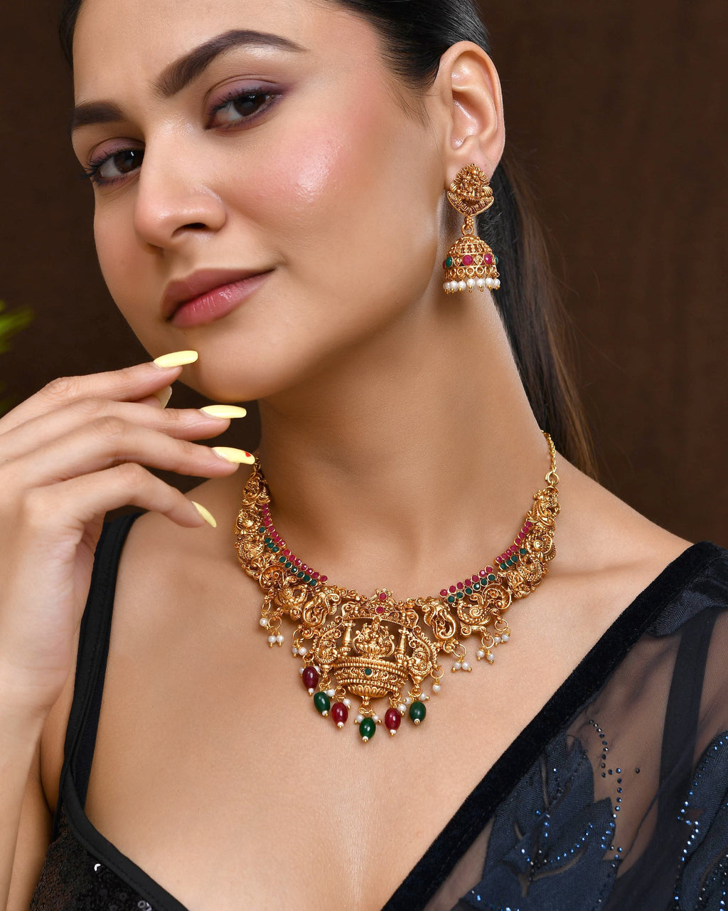 VOJ Gold Polished Beaded Temple Jewellery Set | Grocsy