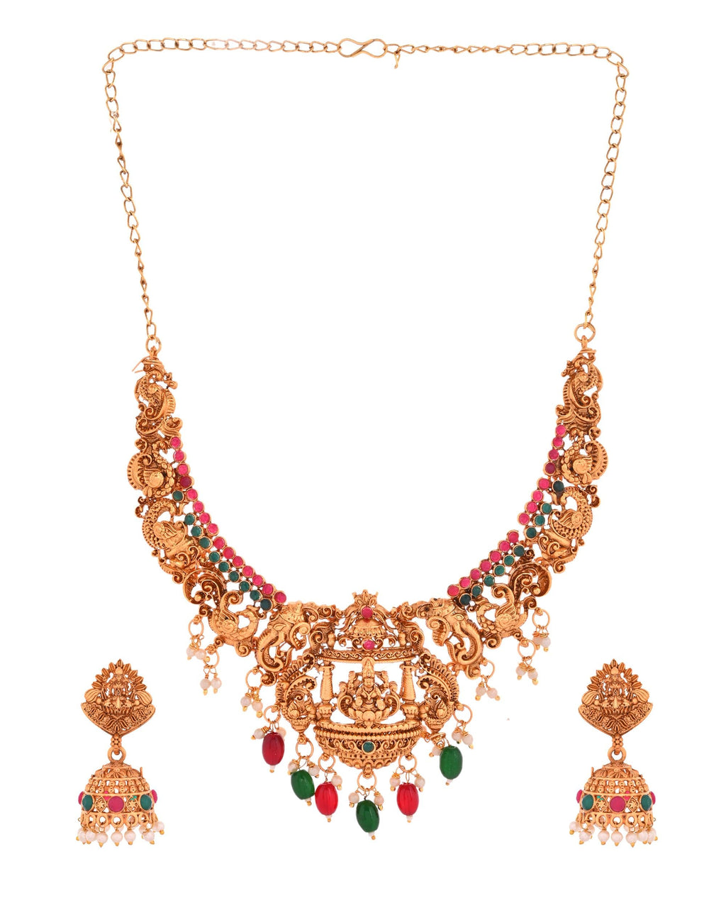 VOJ Gold Polished Beaded Temple Jewellery Set | Grocsy