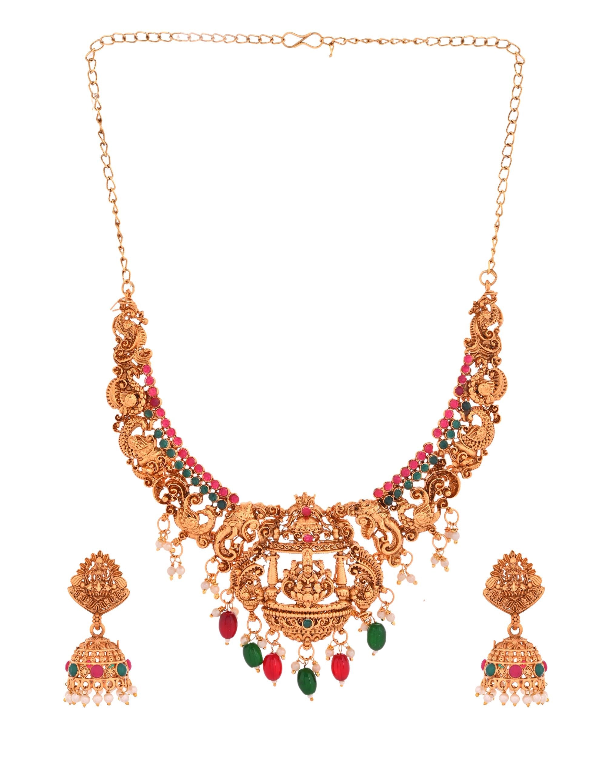 VOJ Gold Polished Beaded Temple Jewellery Set | Grocsy