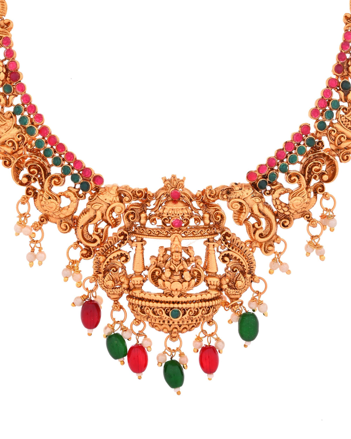 VOJ Gold Polished Beaded Temple Jewellery Set | Grocsy